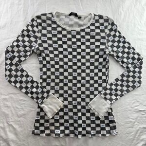 Fox Women's Black White & Blue Checkered Long Sleeve Henley Sz M Y2k Skater